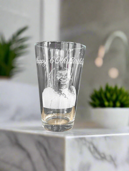 Custom engraved pint glass with a birthday portrait etched into the glass — Webb's Engravings, Livonia MI