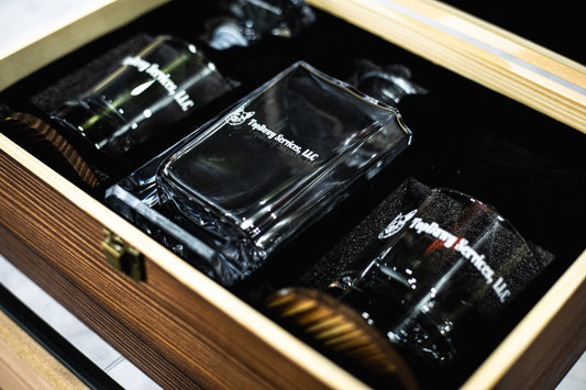 Custom engraved rocks glasses in a decanter gift set