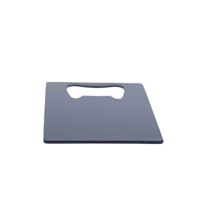 Blank stainless steel credit card bottle opener, angled view