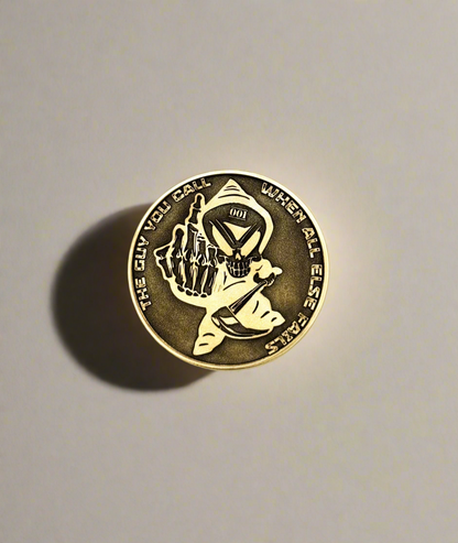 Brass coin with detailed figure engraving in natural light