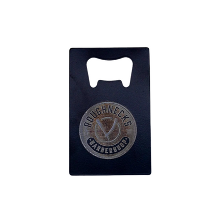 Engraved bottle opener with a barbershop logo, front view