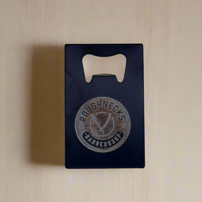 Custom engraved bottle opener with the Roughnecks Barbershop logo — Webb's Engravings, Livonia MI