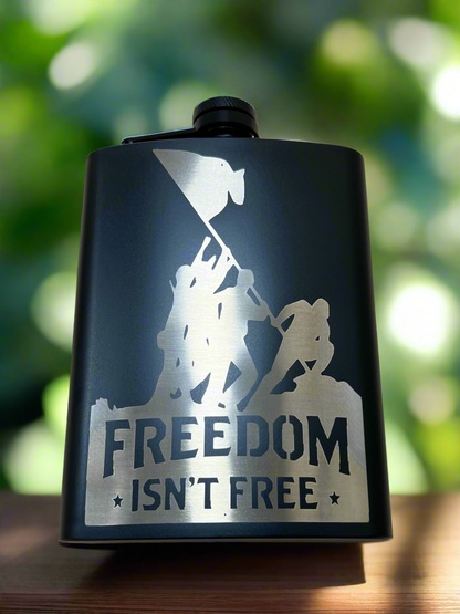 Custom engraved hip flask with Freedom Isn't Free battlefield cross design — Webb's Engravings, Livonia MI