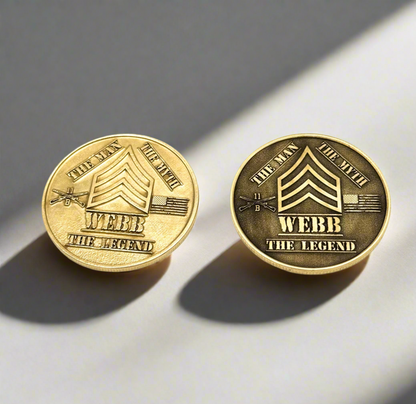 Pair of custom engraved brass challenge coins with rank insignia and name — Webb's Engravings, Livonia MI