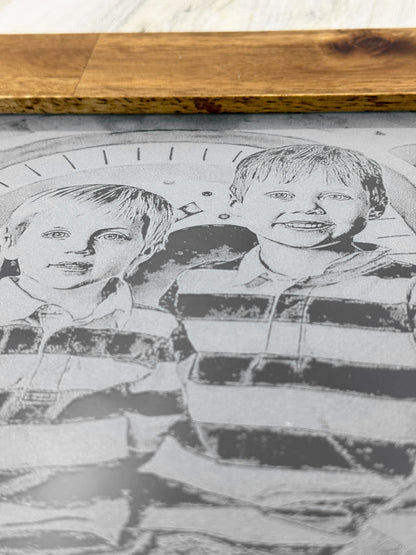 Engraved portrait detail showing laser tonal range on wood