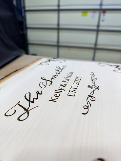 Close detail of script engraving on basswood