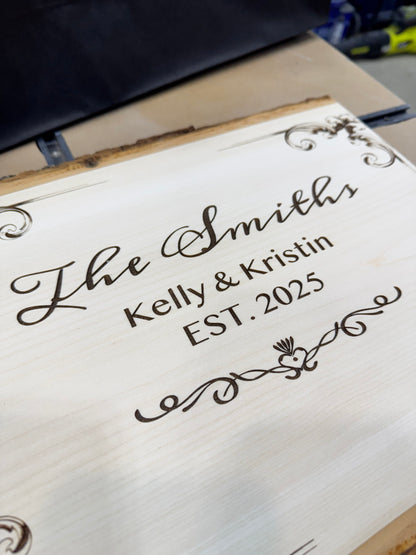 Custom basswood plaque with engraved names and date