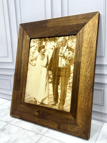 Vintage wedding photo laser engraved on wood in a rustic frame — Webb's Engravings, Livonia MI