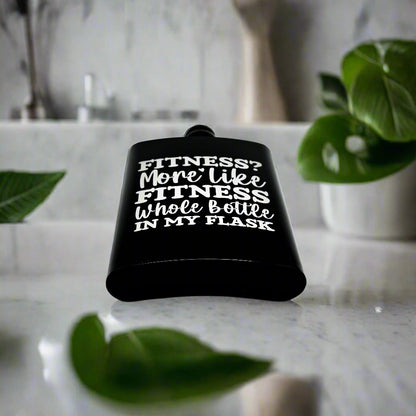 Custom engraved matte black hip flask with humorous fitness design — Webb's Engravings, Livonia MI