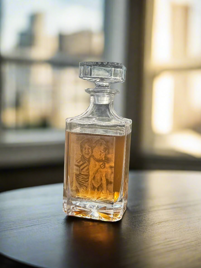 Custom engraved whiskey decanter with a family portrait etched into the glass — Webb's Engravings, Livonia MI