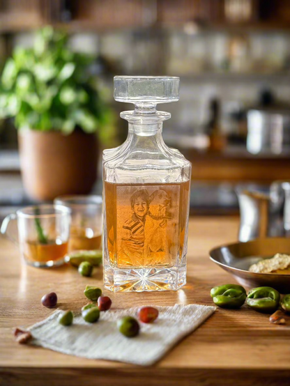 Custom engraved whiskey decanter styled on a kitchen counter