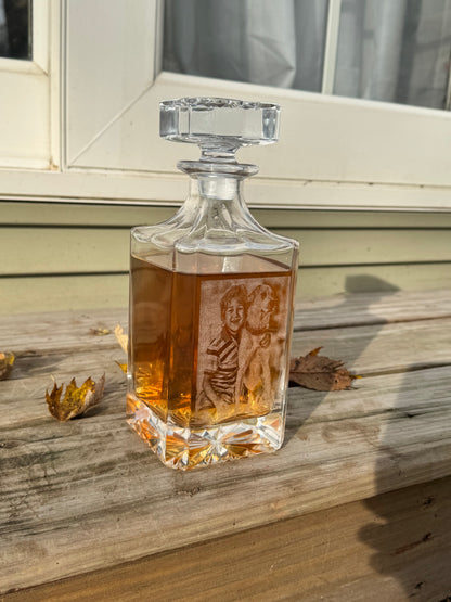Photo engraved decanter on a porch step in natural light