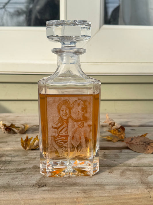 Custom engraved whiskey decanter with a family portrait on a wood bench — Webb's Engravings, Livonia MI