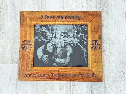 I Love My Family engraved photo with names in a wood frame