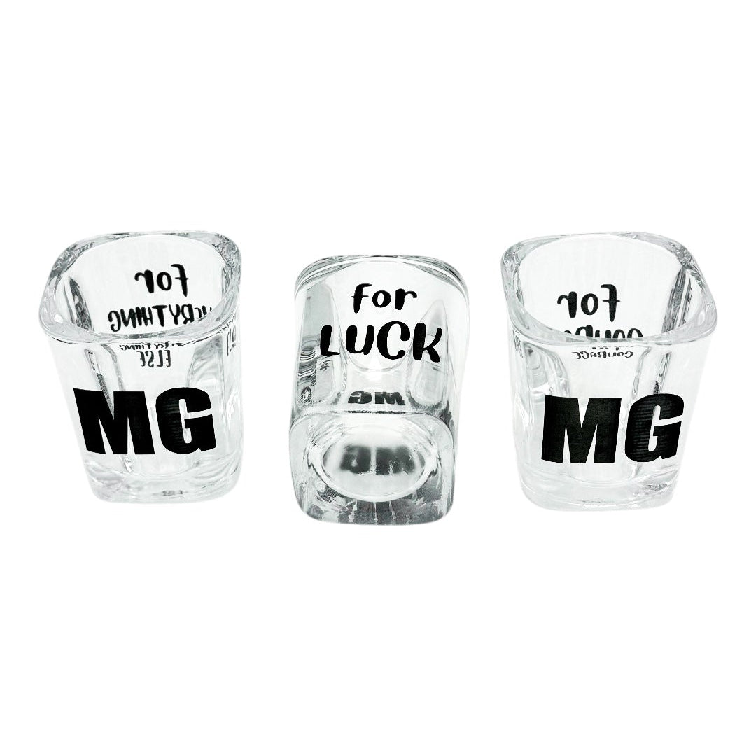 Set of three engraved square shot glasses reading For Luck, For Courage, and For Everything Else with monogram initials — Webb's Engravings, Livonia MI