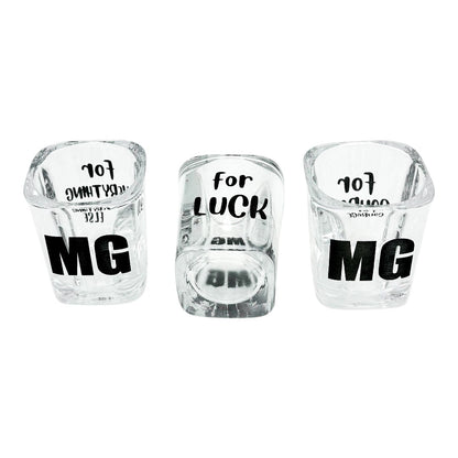 Set of three engraved square shot glasses reading For Luck, For Courage, and For Everything Else with monogram initials — Webb's Engravings, Livonia MI