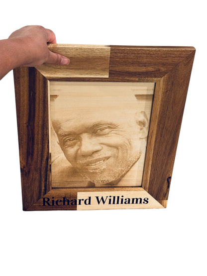 Portrait engraved on wood held in hand, showing scale — Livonia MI