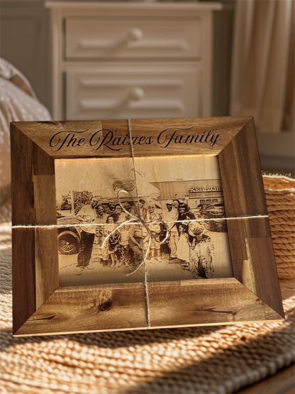 Group family photo engraved on wood in a light natural frame