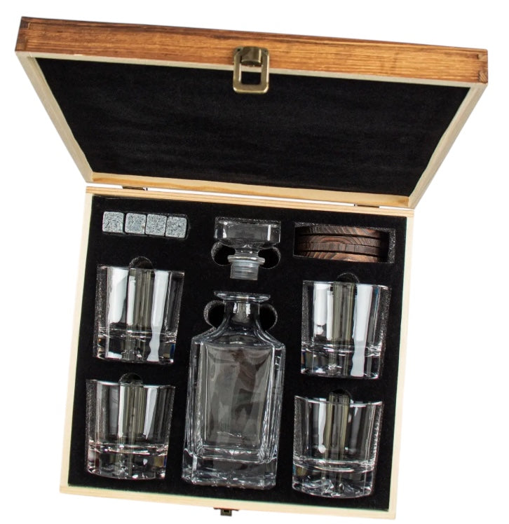Custom Engraved Whiskey Decanter Set | Gift Box with Glasses & Accessories