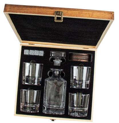 Engraved whiskey decanter set open in wood gift box with four glasses and stones — Webb's Engravings, Livonia MI