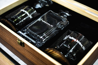 Custom engraved rocks glasses in a decanter gift set