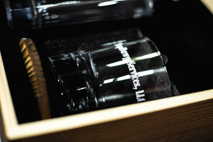 Close detail of laser engraved rocks glasses with bullet accents