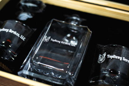 Custom engraved decanter and glasses with business branding