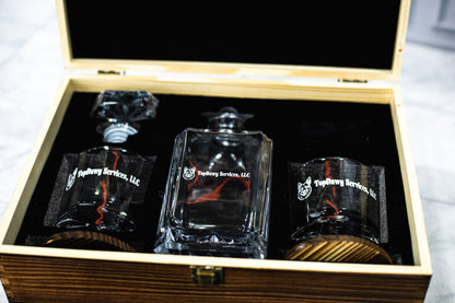 Whiskey decanter gift set with corporate logo engraving in wood box