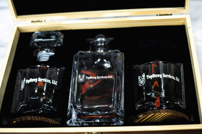 Complete engraved decanter set with logo, glasses, and coasters
