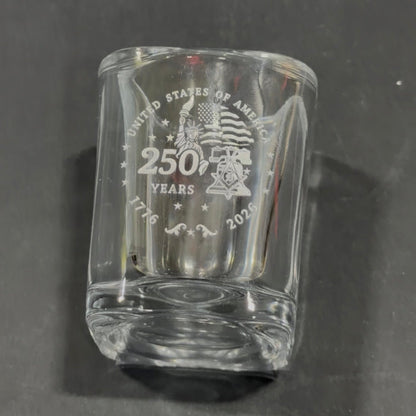 Square shot glass engraved with a 250 Years America design