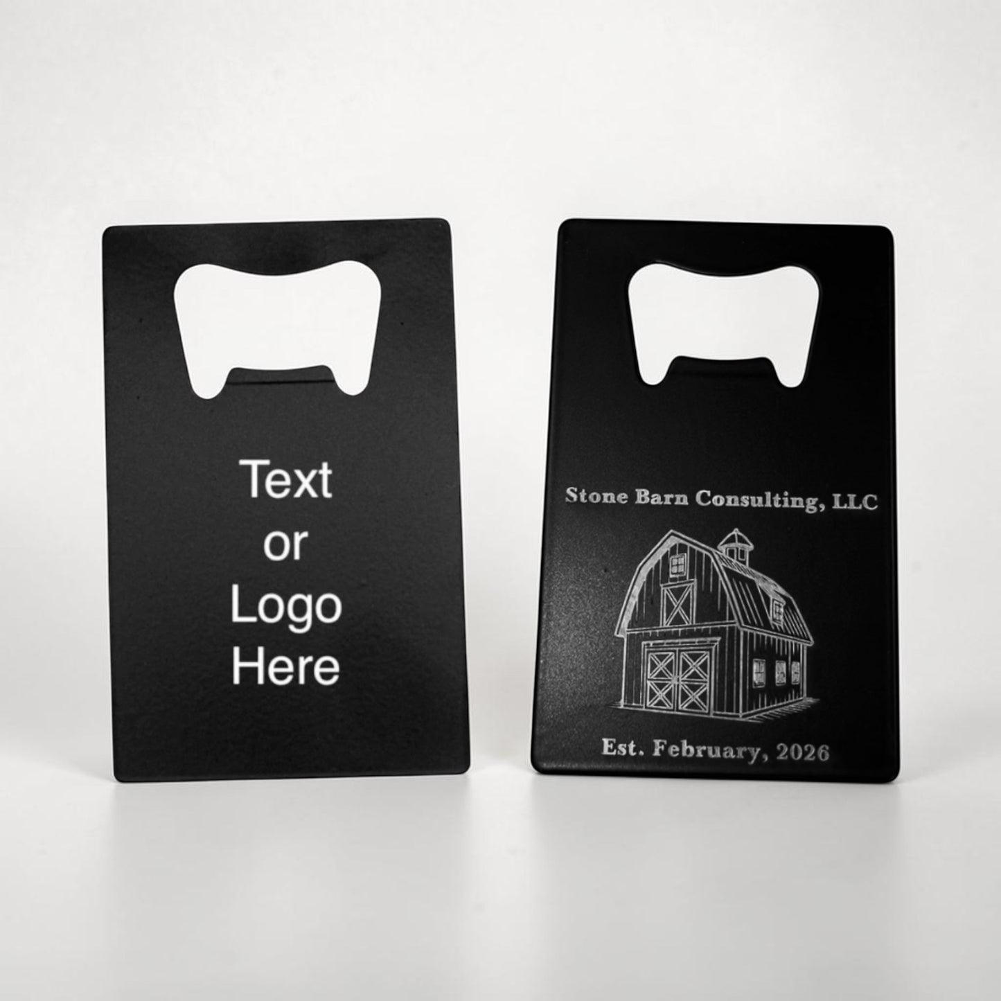 Two engraved bottle openers side by side showing a text placeholder and a finished business logo