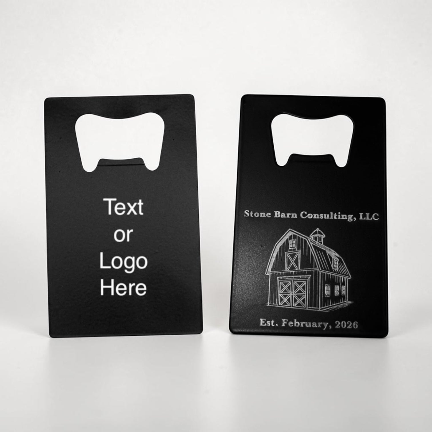 Two engraved bottle openers side by side showing a text placeholder and a finished business logo