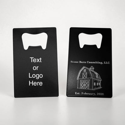 Two engraved bottle openers side by side showing a text placeholder and a finished business logo
