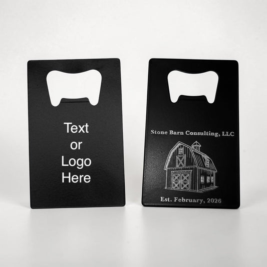 Two engraved bottle openers side by side showing a text placeholder and a finished business logo
