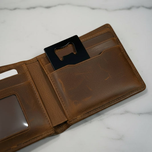 Credit card bottle opener tucked into a leather wallet showing the size