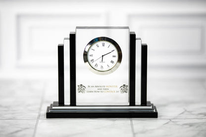 6 inch optical crystal clock award with custom engraving — Webb's Engravings, Livonia MI