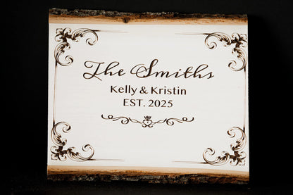 Custom engraved live edge basswood plaque with family name and est. date — Webb's Engravings, Livonia MI