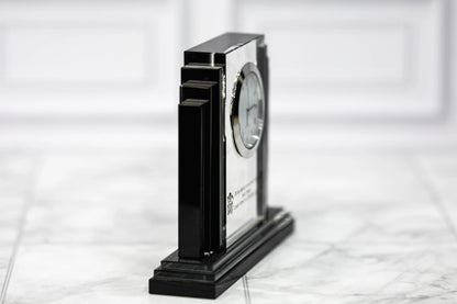 Crystal award clock at an angle showing depth of the crystal