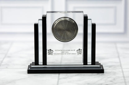 Engraved crystal clock with dark face, front view
