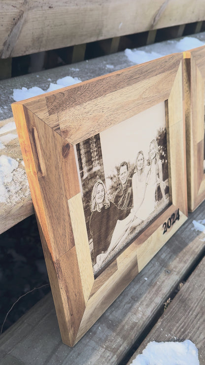 Engraved wood photo panel in a natural frame, side angle, video