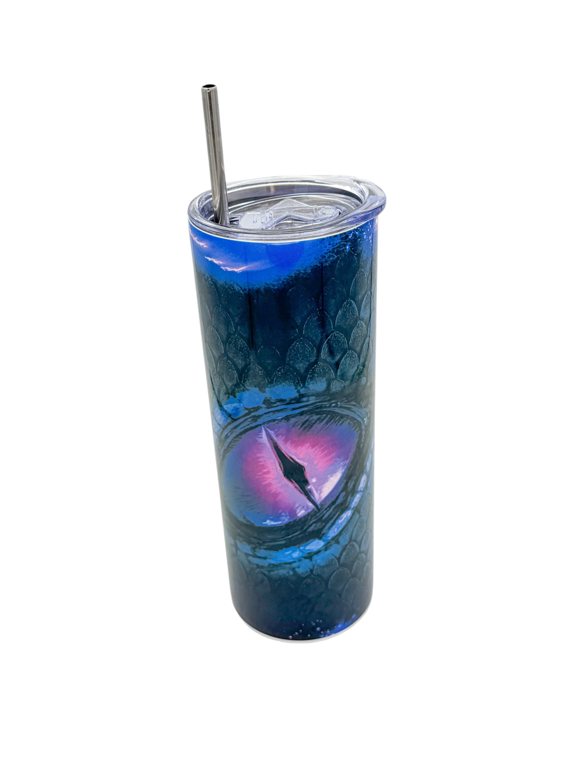 20oz sublimated tumbler with blue and purple dragon eye design and metal straw